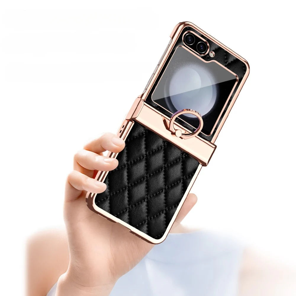 Samsung Galaxy Z Flip 6 GKK Cushion Leather Case – Magnetic Hinge Protection, Ring Holder & Back Screen Glass Cover