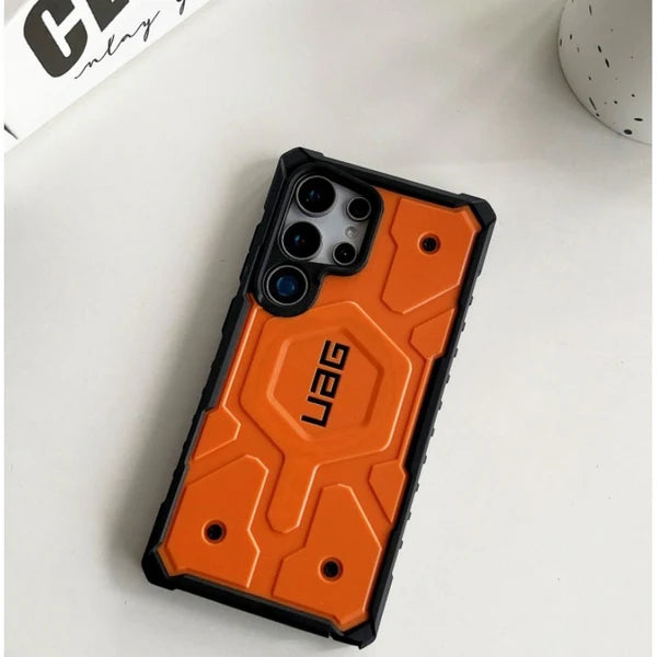 Samsung Galaxy S25 Ultra Pathfinder Series Rugged Armor MagSafe Case – Heavy Duty Shockproof Cover with Hinge Protection (Orange)