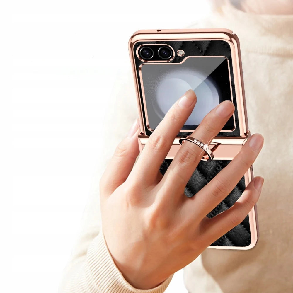 Samsung Galaxy Z Flip 6 GKK Cushion Leather Case – Magnetic Hinge Protection, Ring Holder & Back Screen Glass Cover